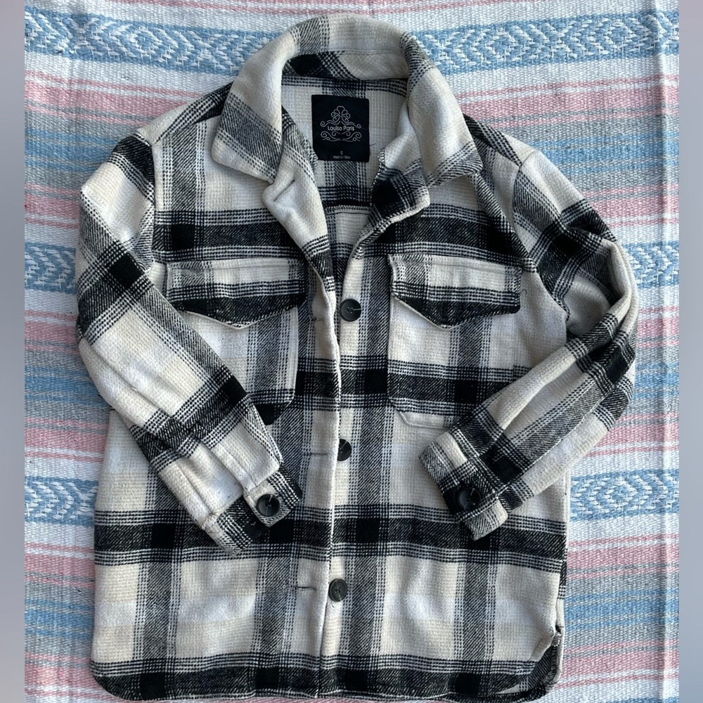 white and black plaid button down jacket